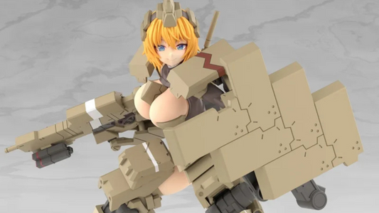 CG render of Frame Arms Girl Kagutsuchi‑Kou posed with tan armor and large symmetrical arm cannons, standing in a dynamic stance against a marble‑pattern backdrop.