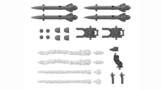 Option Parts Set 21 full layout: missile bodies, fins, pylons, grips, turret post, and smoke effect trails arranged on a white backdrop.