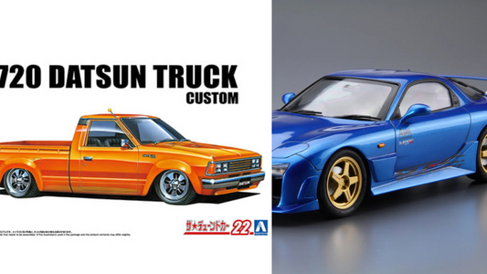 Box art illustration for Aoshima’s Tuned Car 1/24 720 Datsun Truck Custom ’82 kit, depicting an orange mini‑truck with the series logo.
