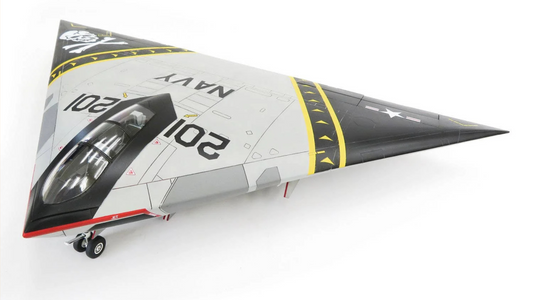1/48 A‑12 Avenger II model in VF‑84 Jolly Rogers livery with triangular delta wing, black and gray upper surfaces and yellow stripes, shown from a three‑quarter top view with landing gear extended.