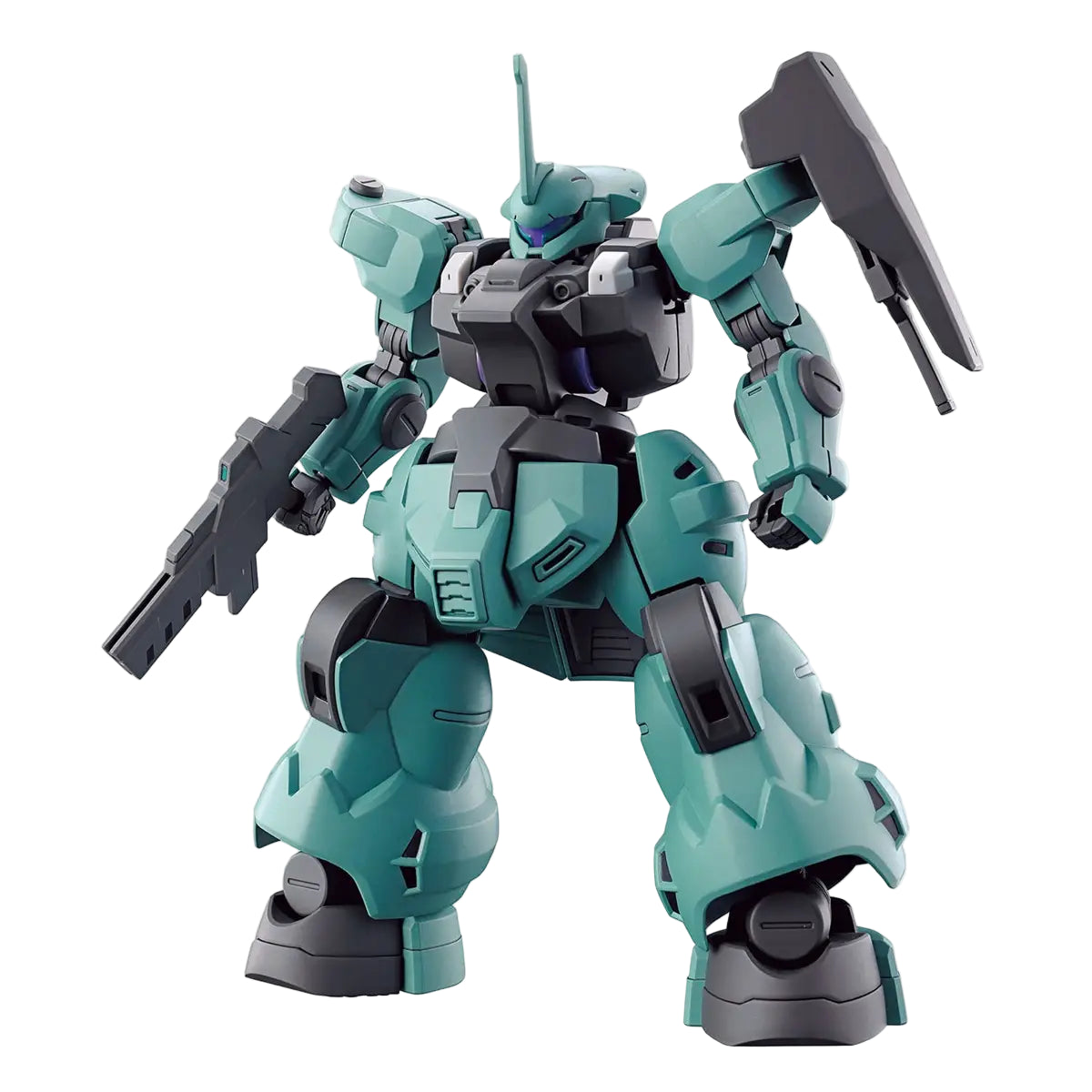 Teal and gray robot model on a white background