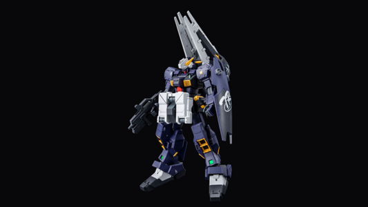 MG 1/100 Gundam TR-1 [Advanced Hazel] three-quarter pose with dual shield-boosters on backpack and beam rifle, dark Titans Test Team colorway.