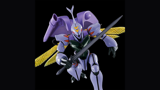 HG 1/72 Dunbine in lavender armor with black chest, wielding Aura Sword and firing Aura Shot, clear yellow wings extended on black backdrop.
