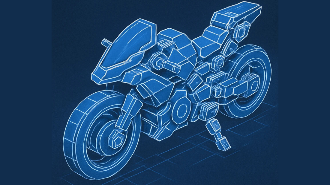 Abstract futuristic motorcycle concept with block‑type joints and large wheels in blue and white colors, representing the modular design of the 30MM Boost Brave Bike.