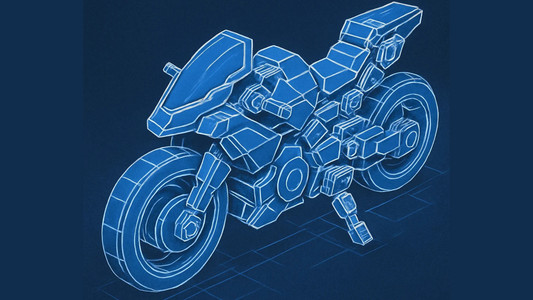 Abstract futuristic motorcycle concept with block‑type joints and large wheels in blue and white colors, representing the modular design of the 30MM Boost Brave Bike.