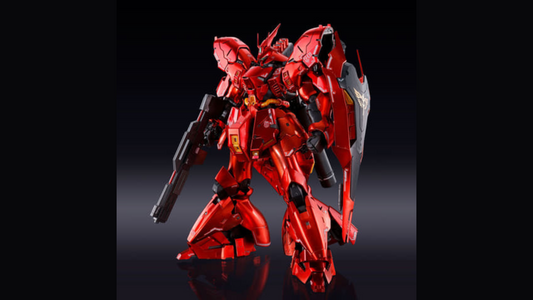 RG 1/144 Sazabi [Special Coating] in two-tone matte metallic red, front three-quarter pose with beam rifle and shield on a black studio backdrop.
