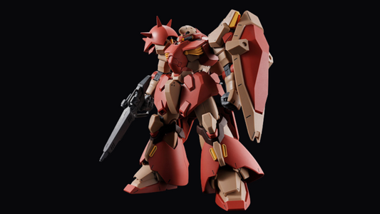 HG 1/144 Messer F02 Type [Mine-Layer Equipment] in red and tan, front three-quarter with rifle and shield on a black studio backdrop.