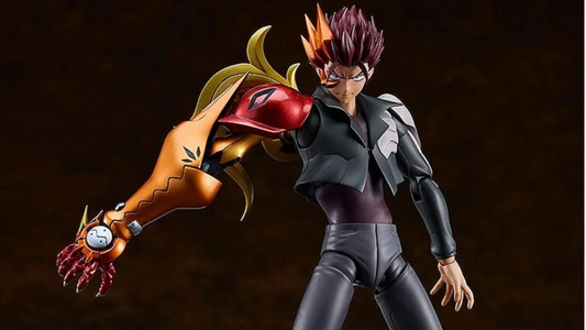 PLAMATEA Kazuma second form plastic model posed with shell bullet right arm extended, spiky red hair and dark outfit, on brown gradient background.