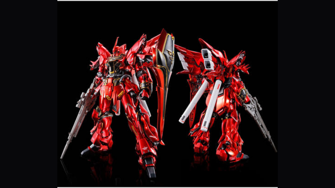 RG 1/144 Sinanju [Special Coating] front and rear views in plated metallic red with black and gold trim, beam rifle and shield on black backdrop.
