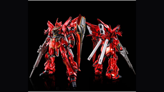RG 1/144 Sinanju [Special Coating] front and rear views in plated metallic red with black and gold trim, beam rifle and shield on black backdrop.