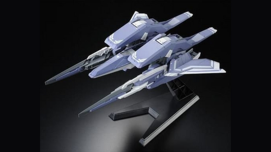 GN Arms TYPE-E Real Color Ver. on display stand, purple-gray body with white striping and crisp panel lines against a black backdrop.