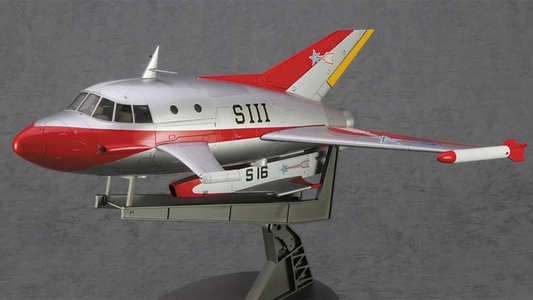 Completed 1/72 Jet Beetle model with Special Submarine S attached under the fuselage, displaying red and silver Science Special Search Party livery with “SIII” and “S16” markings on a flight stand.