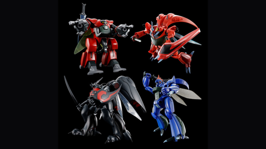 Set 2 group of four HG 1/72 Aura Battlers—Drumlo, Virunvee, Leprechaun, and Zwarth—posed on black, showing weapons and clear wing parts.