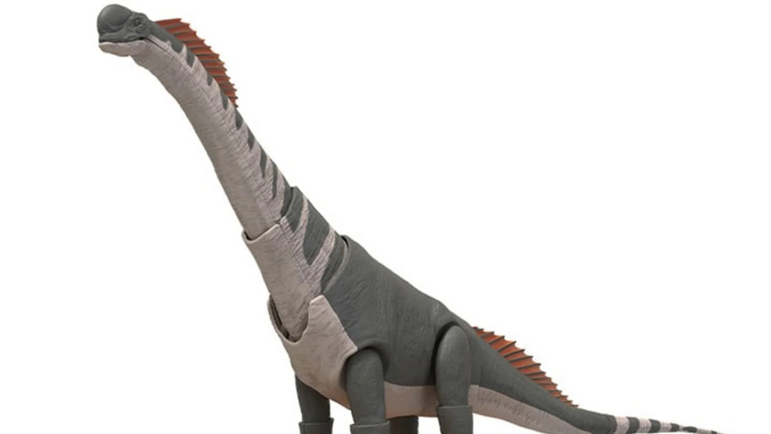 Assembled Titanosaurus plastic model with grey and tan body, long neck and tail, orange back plates, standing on a textured base in Plannosaurus series.