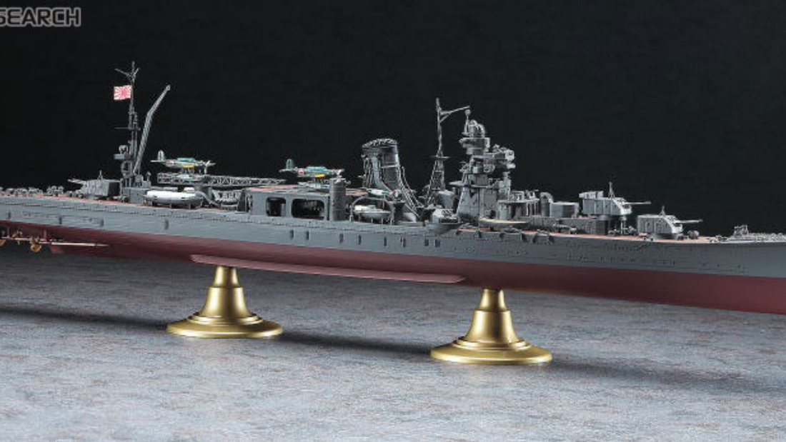 1/350 Agano completed model on brass display pedestals, full-hull view to port, showing overall proportions and deck arrangements.
