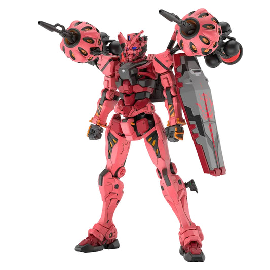 Red and black robot model on a white background