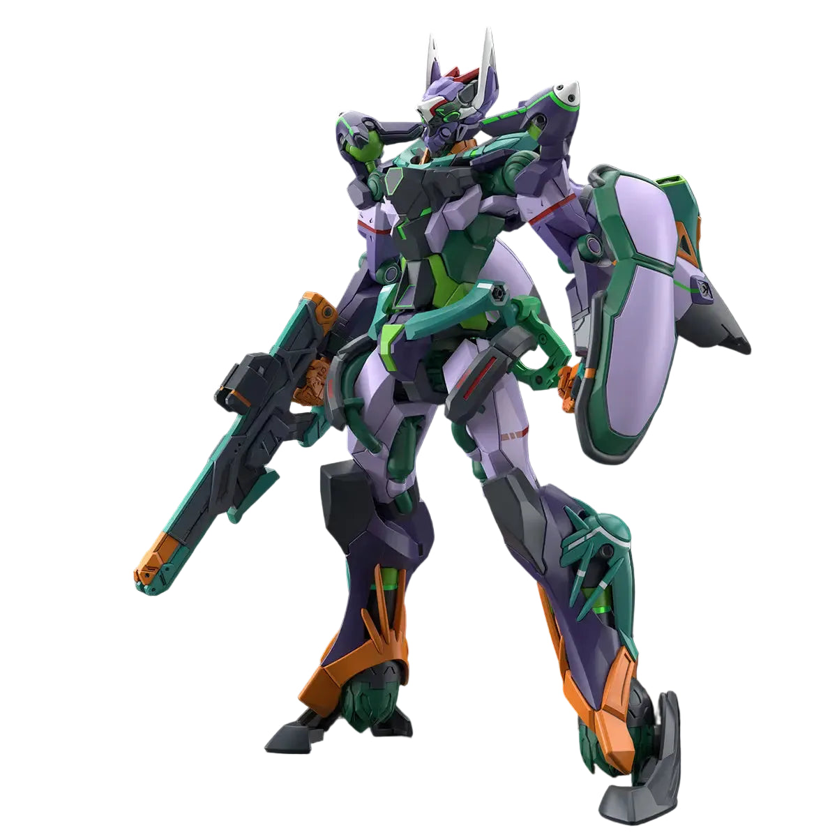 Mechanical robot model with green, purple, and orange colors on a black background