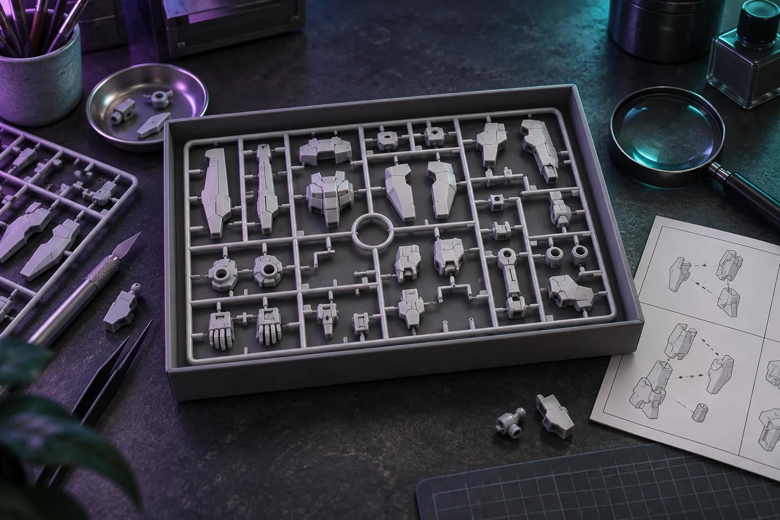 Conceptual illustration of model-kit runners, a parts tray, and a magnifying glass