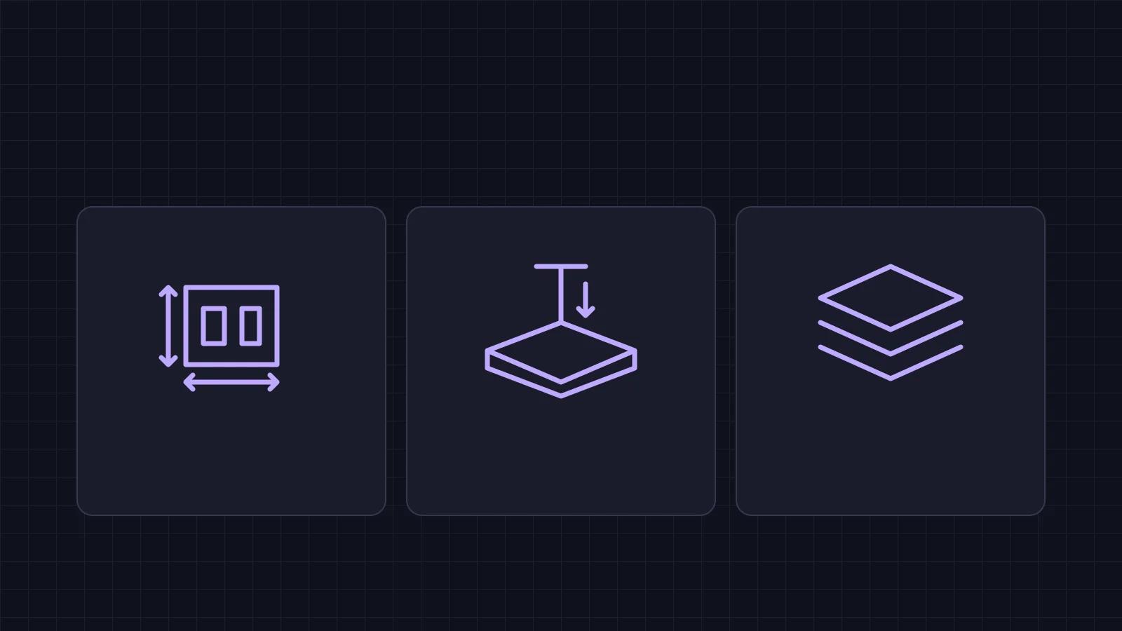 Conceptual line illustrations of a measured footprint, a display support, and layered surfaces.