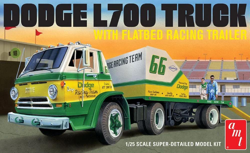 AMT 66 Dodge L700 Truck W Flatbed Race Trlr Model Kit — box art