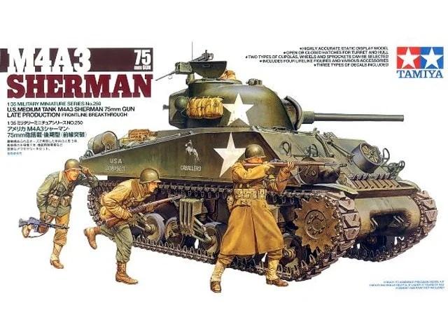 Tamiya 1/35 M-4A3 Sherman 77mm Model Kit — box art