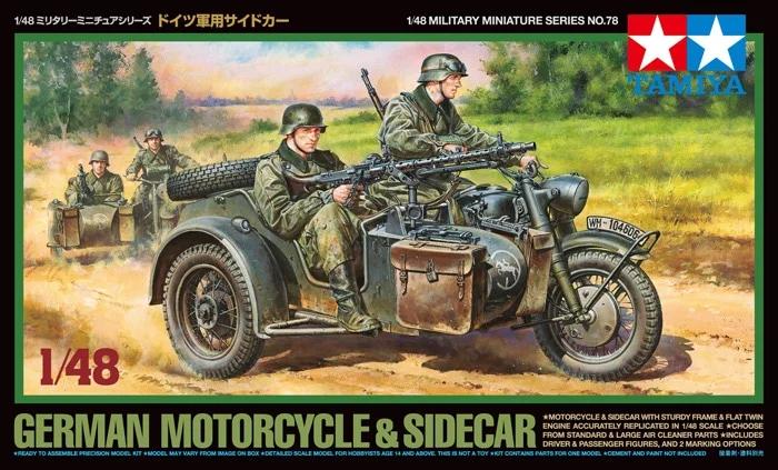Tamiya 1/48 German Motorcycle Sidecar Model Kit — official product photo 1