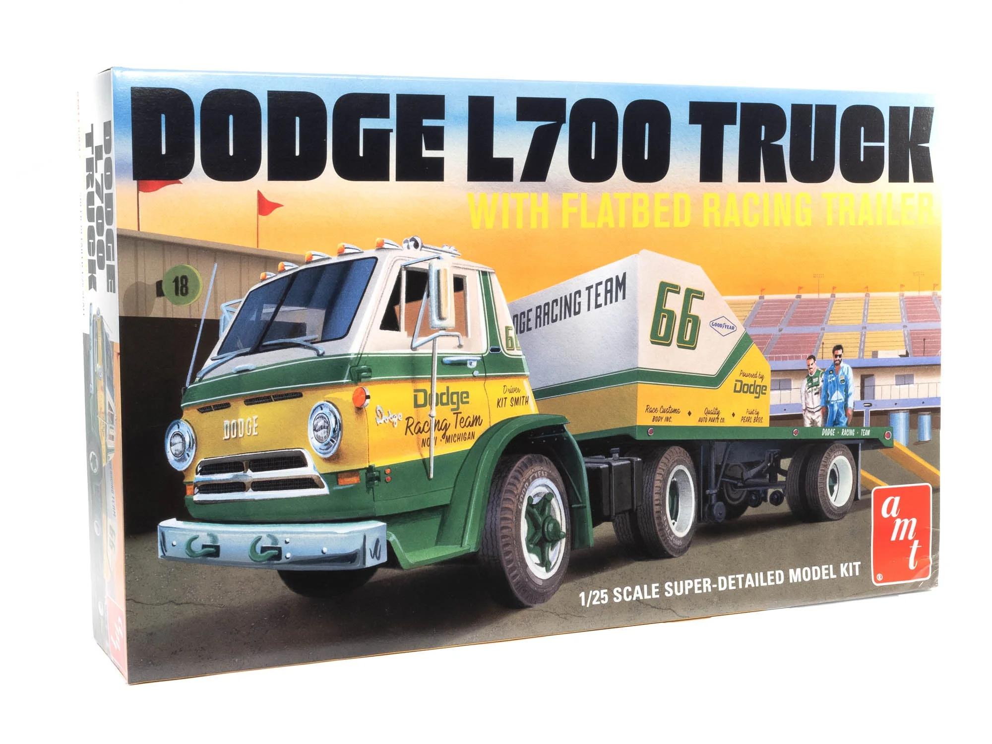 AMT 66 Dodge L700 Truck W Flatbed Race Trlr Model Kit — official product photo 1